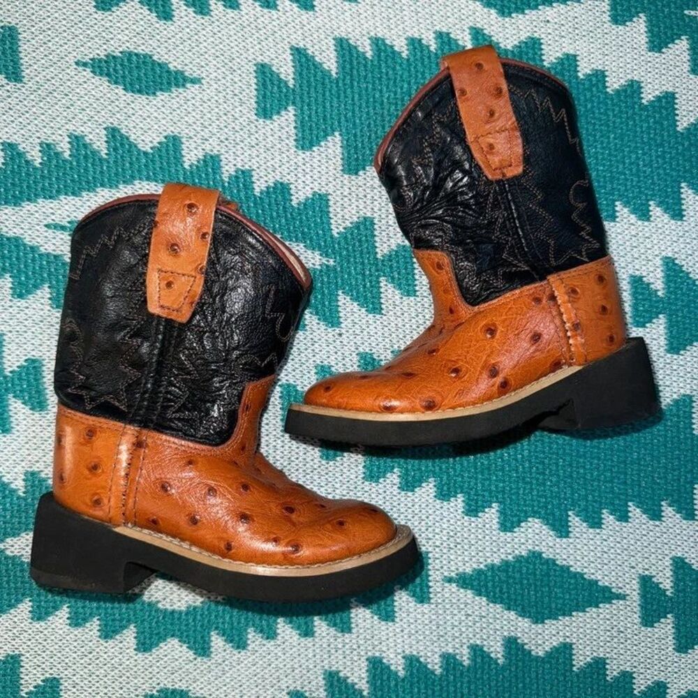 Old West Toddler Leather Ostrich Print Cowboy Boots Tan Black